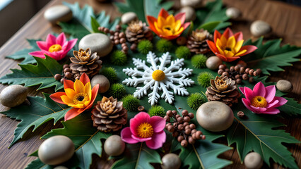 Colorful Nature Mandala with Flowers and Stones