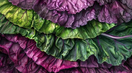 Obraz premium Colorful layers of fresh Swiss chard leaves displaying rich textures and vibrant hues of green and purple. Natural food background for healthy eating concept.