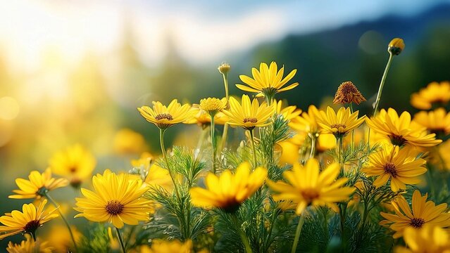 Coreopsis grandiflora. Yellow large flowered tickseeds or common coreopsis in the garden. yellow flowers on bokeh sammer nature background 