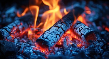 Campfire Burning Wood Logs Flames Embers Smoke Ash Charred Timberland Wilderness Night Heat Outdoors Adventure