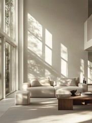 Spacious Modern Living Room with Abundant Natural Light and Minimalist Furniture, Architectural Design Concept