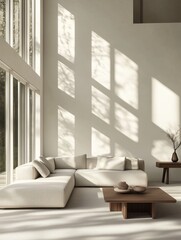 Spacious Modern Living Room with Abundant Natural Light and Minimalist Furniture, Architectural Design Concept