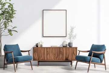Minimalist living room interior with two blue armchairs, a wooden console table, a potted plant, and a blank square frame on the wall.