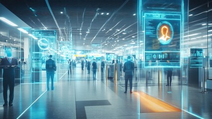 Futuristic airport terminal with holographic displays and security checkpoints.