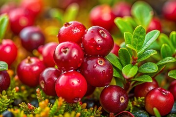 Macro Photography of Wild Cranberries in Their Natural Habitat Showcasing the Vibrant Red Color and Unique Textures of the Berries Surrounded by Lush Green Foliage and Wetland Environment