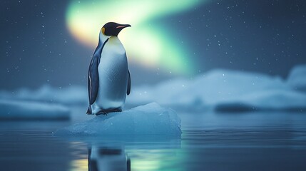 Obraz premium a lone emperor penguin standing confidently on an iceberg shaped like an upward arrow, symbolizing growth and strategic vision, with a glowing aurora in the sky, 