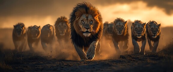 A regal lion leads a group of lions through a dimly lit, dusty landscape, illustrating leadership and dominance © Creative_Bringer