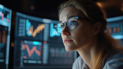 Data analyst working on interactive screens, futuristic digital graphs