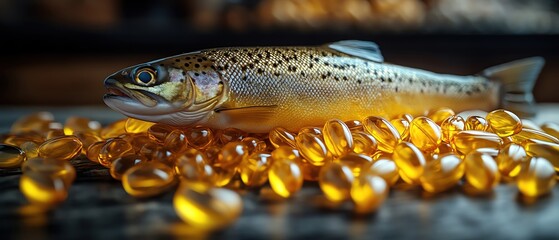 Fish and omega3 pills, side angle, cool tones, clinical precision lighting