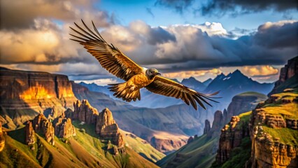 Fototapeta premium Majestic Bearded Vulture Soaring Over the Drakensberg Mountains in South Africa, Capturing the Essence of Nature's Beauty and Wildlife in Flight