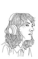 Black white Line art girl wearing headset listen the music Illustration on white background