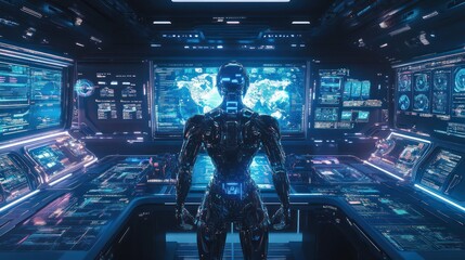 A futuristic robot stands in a high-tech control room with multiple screens displaying data.