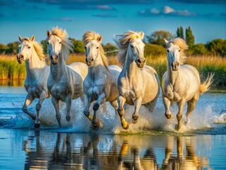Obraz premium Majestic Camargue Horses Galloping Through Lush Wetlands: A Breathtaking Panoramic View of Nature's Beauty in the Heart of Southern France's Unique Landscape