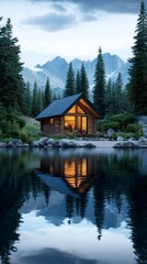 Fototapeta premium Serene Lakeside Cabin Surrounded by Pine Trees