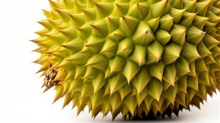 Close-up of spine-covered durian fruit with sharp green spikes