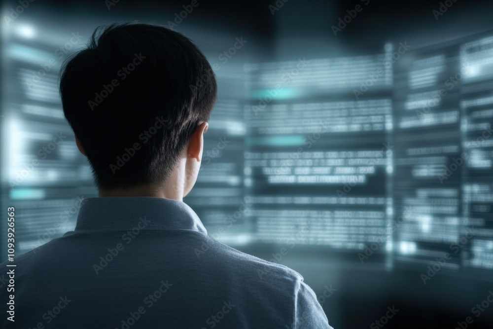 Wall mural person analyzing data on a digital screen with code and information displays