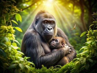 Obraz premium Majestic Double Exposure of a Mother Gorilla Tenderly Holding Her Newborn Infant Against a Lush Jungle Background, Capturing Love and Nature's Beauty in One Frame