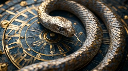 Obraz premium Snake curled in circle creates stunning zodiac symbol mythical setting artistic representation intriguing perspective nature concept