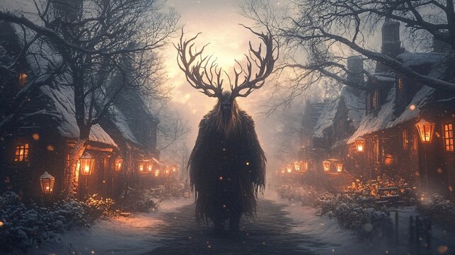 Krampus with goat horns in night winter city. Traditional Christmas devil. Character of European folklore. Saint Nicholas Day, Halloween, Yule, pagan New Year. Man in costume on masquerade party