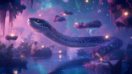 Obraz premium Surreal dreamscape a floating snake in a mystical landscape enchanted environment fantasy art ethereal viewpoint