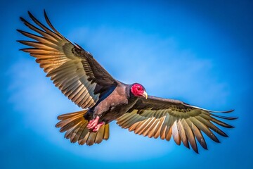 Obraz premium Majestic Flying Turkey Vulture Soaring Through Clear Blue Skies with Copy Space for Text, Capturing the Beauty of Nature and Wildlife in Stunning Detail