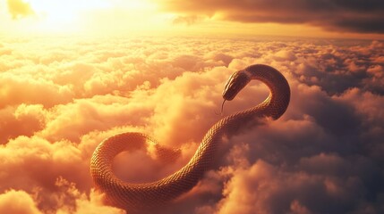 Majestic snake rising from a sea of clouds at sunrise nature scene dreamlike viewpoint serene atmosphere symbol of transformation