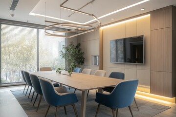 Modern conference room with a large table, chairs, and a TV screen.