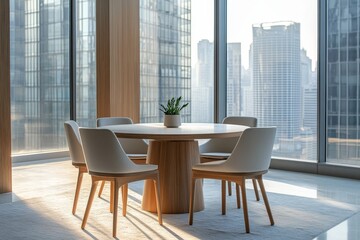 Obraz premium A modern round table with four chairs in a meeting room with large windows overlooking a cityscape.
