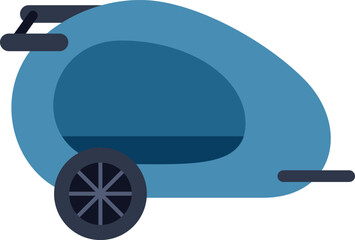 Blue bike trailer with one wheel on white background, designed for safely carrying children while cycling