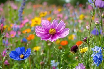 Bunte Sommerwiese mit Wildblumen für Bienen und Insekten in voller Blüte