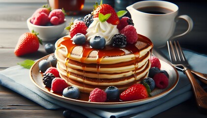 Stack of Pancakes Topped with Berries and Syrup