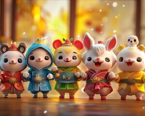 Adorable dumpling characters representing chinese zodiac animals festive setting animated art playful environment whimsical concept