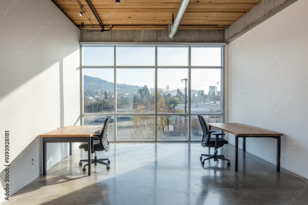 Aufkleber two desks with chairs in a modern office with large windows and city view.