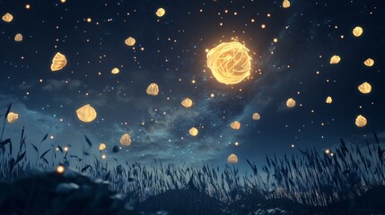 Celestial dumplings and noodles illuminate the night sky above a serene meadow digital art tranquil atmosphere surreal viewpoint