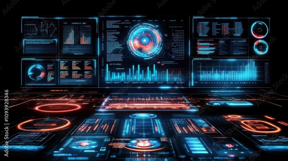 Poster futuristic tech interface digital data analytics network monitoring screens