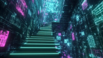 A futuristic staircase illuminated by neon lights in a digital environment.