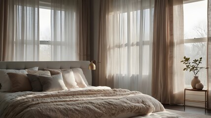 Bright Bedroom with Large Bed and Sheer Curtains