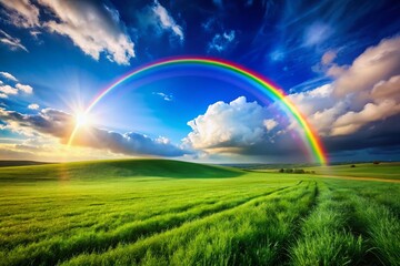 Naklejka premium Majestic Rainbow Arching Over a Lush Green Field Under a Bright Blue Sky with Copy Space for Inspirational Quotes or Text