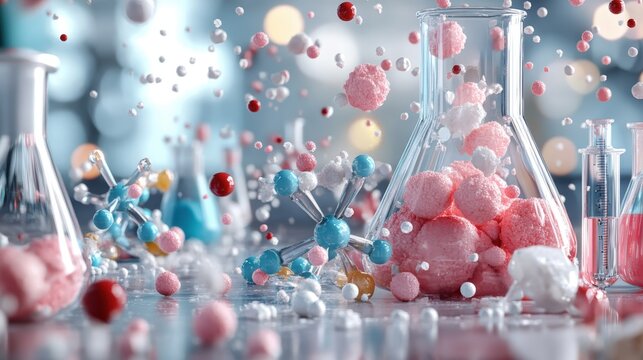Colorful laboratory scene with glassware and floating chemical particles.