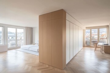 Fototapeta premium Modern apartment with wooden floor, white walls, and large windows.