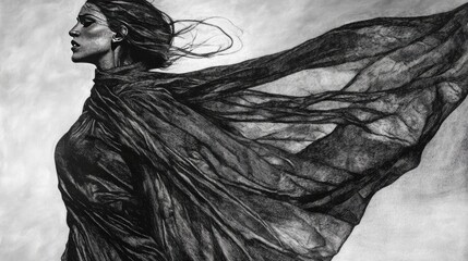 Fototapeta premium A monochromatic portrait of a young woman, her dark hair flowing in the wind as she stands wrapped in a sheer, dark fabric. The image exudes a sense of mystery and elegance.
