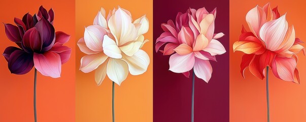 Obraz premium Vibrant Dahlia Flowers Botanical Art Colorful Bloom Floral Design Nature Background