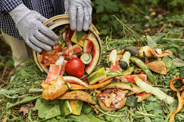 Compost heap pile with bio waste. Farmer with vegetables and fruits food scraps from bucket in...