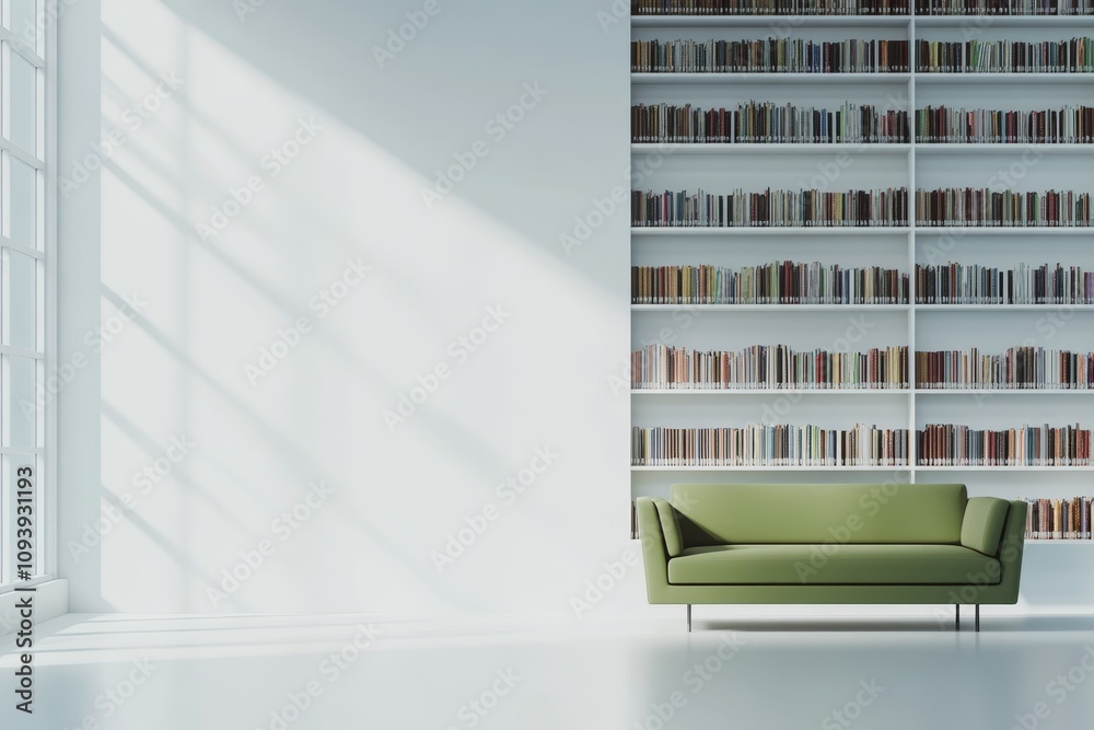 Aufkleber A green sofa sits in front of a large bookshelf in a bright white room with a large window.