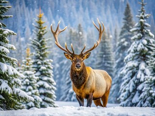 Obraz premium Majestic Wild Bull Elk in Snowy Jasper National Park: A Stunning Winter Scene of Wapiti Cervus canadensis Amidst Snowfall and Evergreen Trees in Alberta, Canada