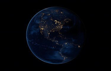 Fototapeta premium Earth at night, illuminated by city lights across North and South America.