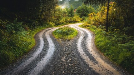 Fototapeta premium A fork in the road in a lush forest setting with a dramatic, misty background.