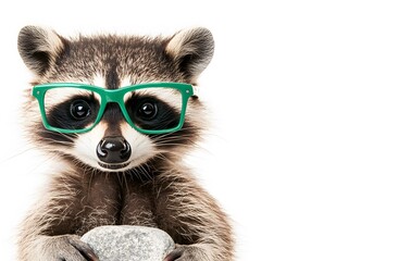 A curious raccoon wearing green glasses and holding a stone, isolated on a white background.