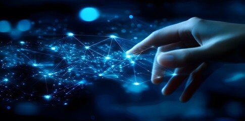 Fototapeta premium A hand interacts with a vibrant network of interconnected nodes, symbolizing technology and data flow.