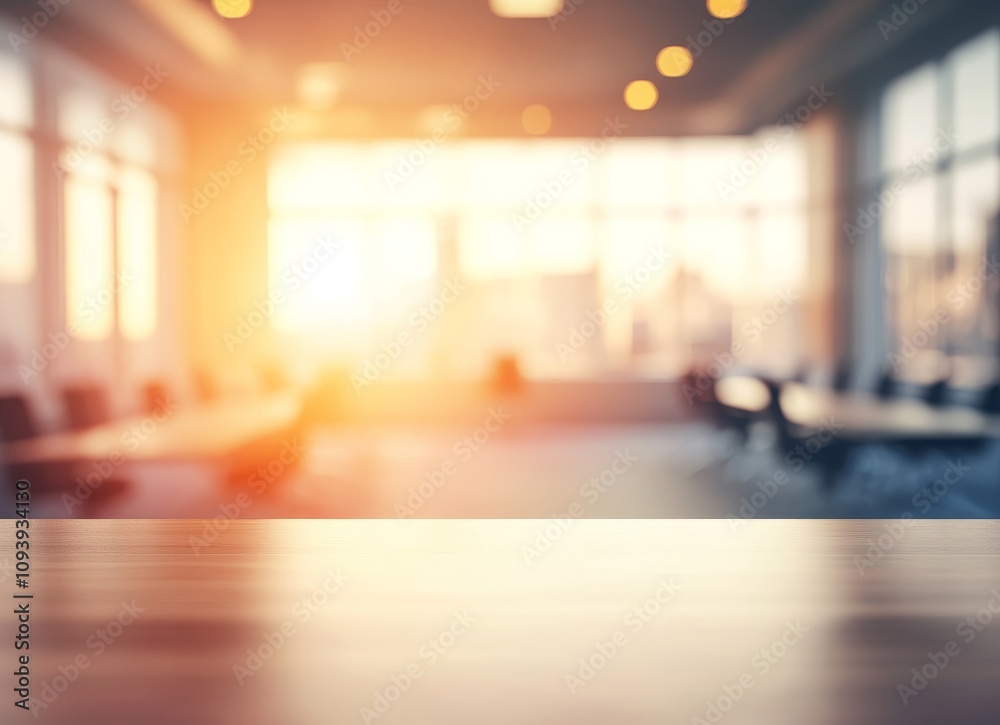 Aufkleber Empty wooden table with blurred background of a modern office with sunlight streaming through windows.